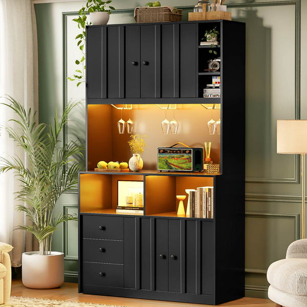 Merax 180 cm Küchenschrank, Hochschrank mit LED, Küchenregal mit Steckdose, Weinregal und Vitrine für Küche & Esszimmer, Schwarz