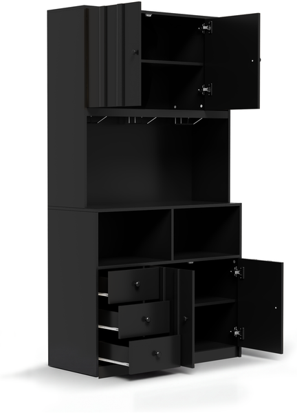 Merax 180 cm Küchenschrank, Hochschrank mit LED, Küchenregal mit Steckdose, Weinregal und Vitrine für Küche & Esszimmer, Schwarz Bild 9