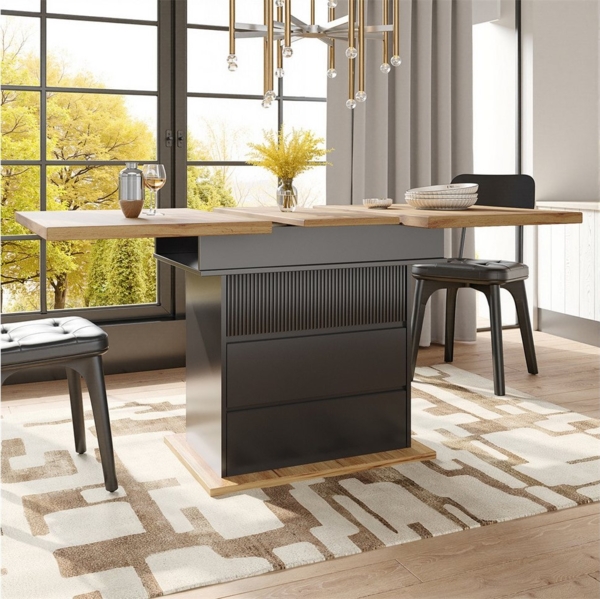 MODFU Esstisch Multifunktionaler Ausziehtisch (Ausziehbarer Teleskoptisch mit Soft-Close-Tür, Stauraum & Erweiterungsplatte, 1-St)