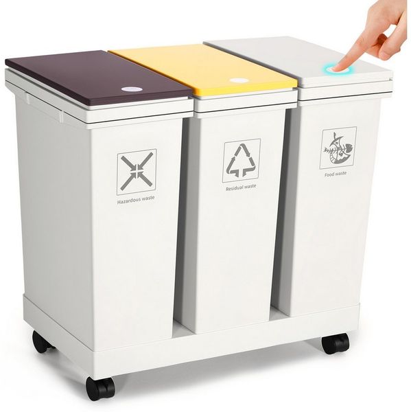 BlingBin Mülleimer 2-teiliges Küchenabfalltrennsystem, 2 x Mülleimer mit Deckel, mit Rollenbasis, Druckschalter, geruchsdicht, aus PP-Kunststoff