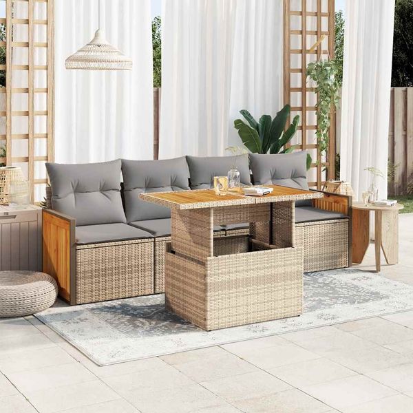 vidaXL 5-tlg. Garten-Sofagarnitur mit Kissen Beige Poly Rattan Akazie 3327657
