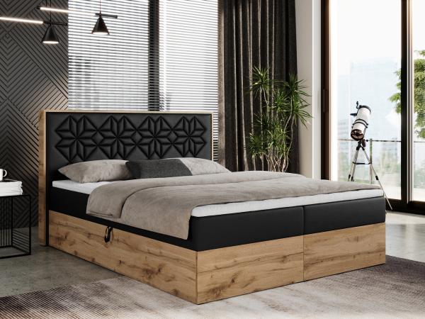 Boxspringbett mit Kopfteil und Topper, Polsterbett - NESSI - 120 x 200 cm - Schwarz Kunstleder - H3 - Topper Visco