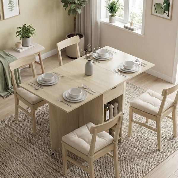HOMCOM Klapptisch mit Schublade und 2 Ablagen (Moderner Esszimmertisch, Esstisch Klappbar), für Kleine Räume, Esszimmer, Küche, 114,5 x 70 x 75 cm, Natur