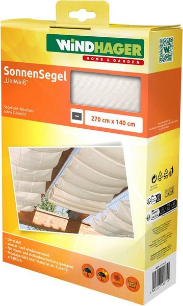 Windhager Sonnensegel für Seilspanntechnik, Wintergarten und Terrassen Beschattung, Seilspannmarkise, 270x140 cm, Uni Weiß, 10874