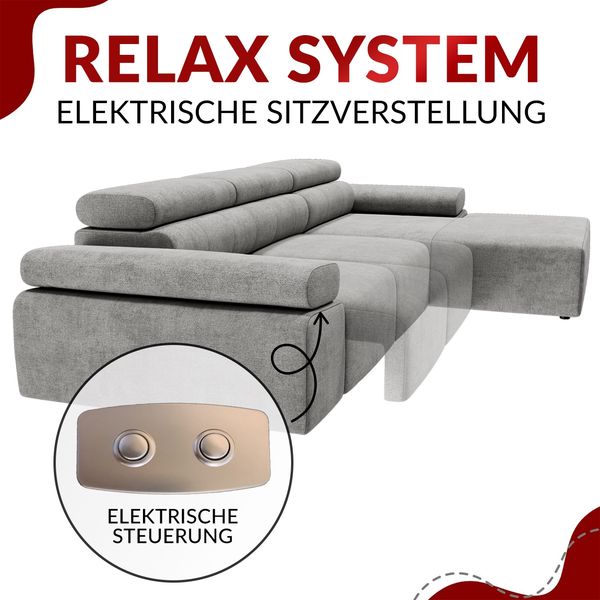 Mks Möbel 'RILASSO' Ecksofa, mit Relax-funktion, Elektrisch verstellbarer Sitz, L-förmige Ecke mit Armlehnen, Wellenfeder, Grün, Cordstoff, links Bild 8