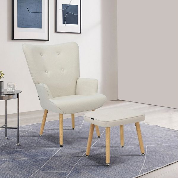 INOSIGN Ohrensessel PERHAM, Sessel mit Hocker im Set, Knopfheftung, Massivholz-Füße, komfortabler Relaxsessel und Sitz-Hocker mit Strukturbezug