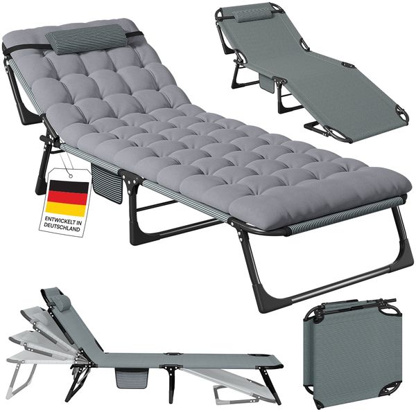 STEELSØN 'Nysaris' Sonnenliege mit Polsterauflage, grau, klappbar und leicht transportierbar, Gartenliege mit Seitentasche, Outdoor Liegestuhl bis 180 kg