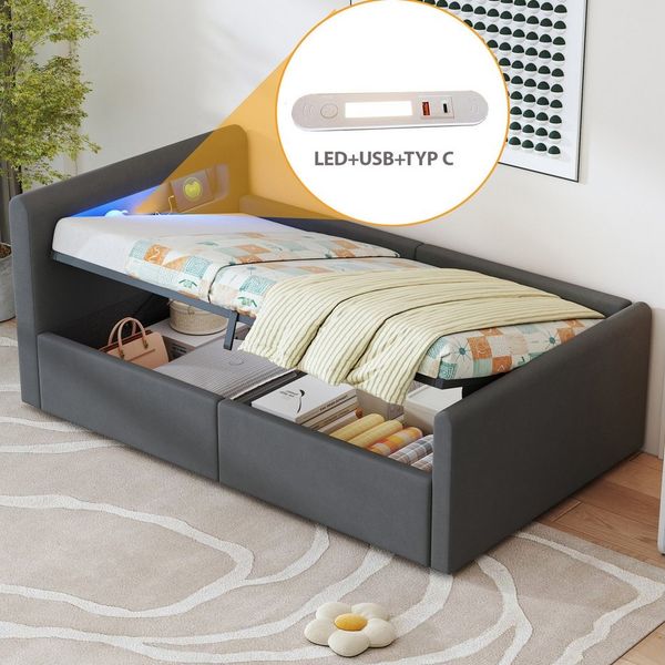 REDOM Polsterbett Funktionsbett Kinderbett (mit LED-Licht, USB-Ladeanschluss & Hydraulischem Stauraum, Samtstoff, Verstellbare Rückenlehnen, mit Regal und Nachtlicht, 90x200 cm), Inklusive Matratze