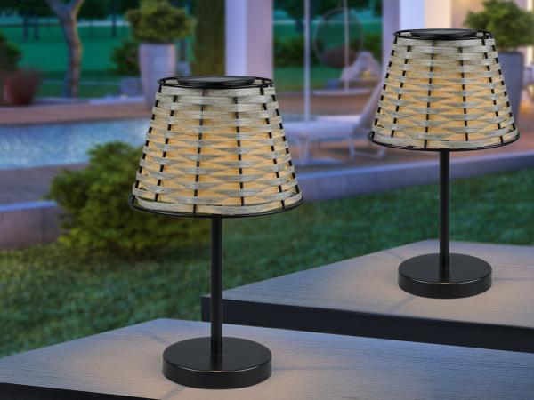 2er SET Solar LED Tischleuchten Schwarz mit Lampenschirm Rattanoptik Höhe 32cm