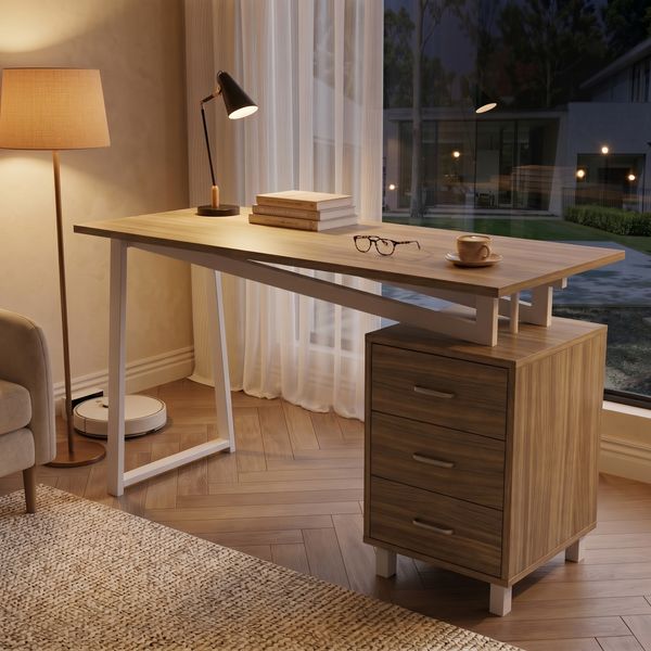 Flieks Schreibtisch 130×55×75 cm, geräumiger Bürotisch mit 3 Schubladen, integrierter Stauraum, MDF-Tischplatte in Naturholzfarbe & Weiß