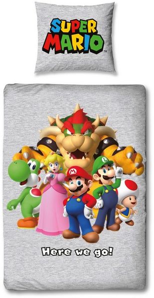 MTOnlinehandel Kinderbettwäsche Nintendo Super Mario in 135x200 + 80x80 cm, Geschenk für Gamer, Microfaser, 2 teilig, Wendebettwäsche für Mädchen und Jungen, Gaming