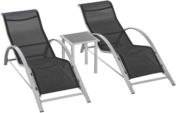 3-tlg Gartenliege mit Tisch Gartensitzgruppe Metall Mesh Schwarz, 2 Sessel & 1 Tisch, ideal für Terrasse & Balkon