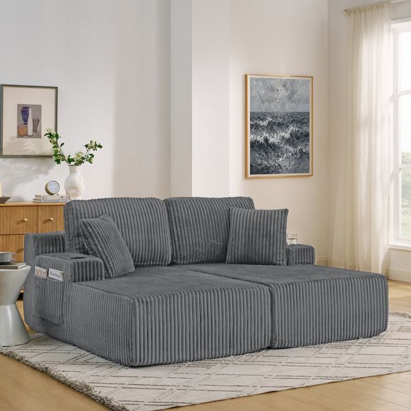 Schlafsofa 2-Sitzer 78cm×186cm×154cm in Grau mit Kordstoff, Getränkehalter und Seitentasche