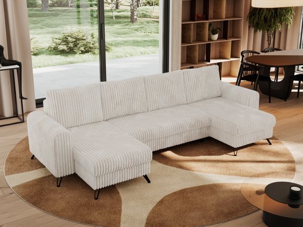 U-förmige Ecksofa, XXL Universalecke mit losen Kissen zum Wohnzimmer, Bettkästen und Schlaffunktion, schwarze Metallbeine - AXEL U - Beige Cord