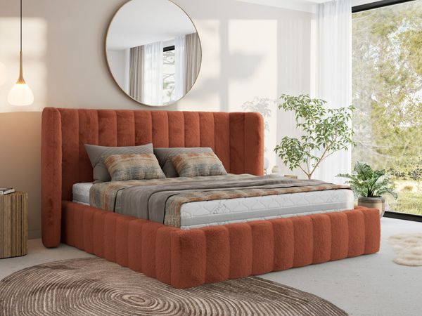 Polsterbett GOLETTA CLASSIC 180 x 200 cm mit gepolstertem Kopfteil, stabilem Bettrahmen, Lattenrost und Bettkasten mit Gasdruckfedern, Doppelbett, zeitloses Design Pocket Matratze - Orange Plüsch - VIRE LUX