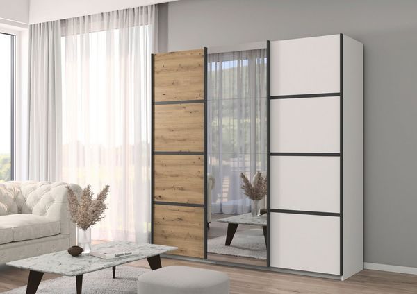 rauch Kleiderschrank Schwebetürenschrank OTTO´s Choice Garderobe Schrank TOP ANGEBOT Avola (3 verschiedene Ausstattungen BASIC/CLASSIC/PREMIUM (inkl. SOFT-CLOSE) mit eleganten Zierleisten in Chrom, Schwarz oder Weiß MADE IN GERMANY
