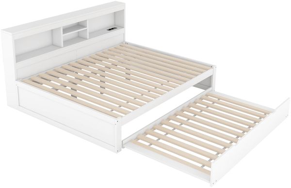 Ausziehbett 140×200 cm mit LED-Beleuchtung, Stauraumfach und USB/Steckdose, Weiß, ohne Matratze Bild 8