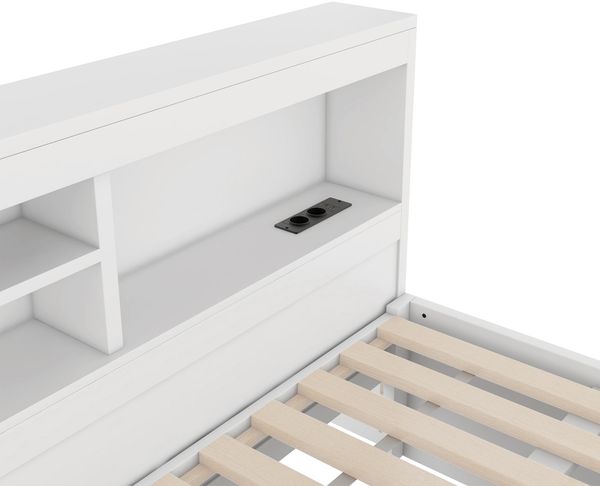 Ausziehbett 140×200 cm mit LED-Beleuchtung, Stauraumfach und USB/Steckdose, Weiß, ohne Matratze Bild 9