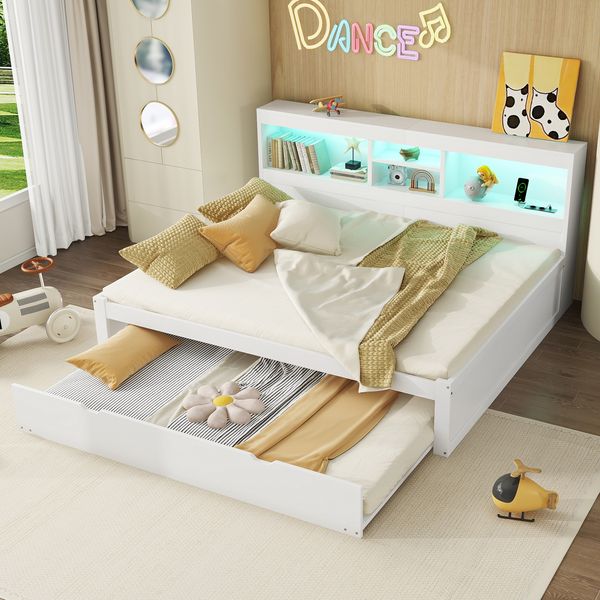 Ausziehbett 140×200 cm mit LED-Beleuchtung, Stauraumfach und USB/Steckdose, Weiß, ohne Matratze