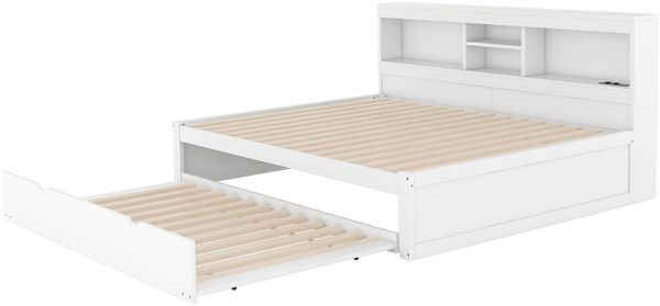 Ausziehbett 140×200 cm mit LED-Beleuchtung, Stauraumfach und USB/Steckdose, Weiß, ohne Matratze Bild 7