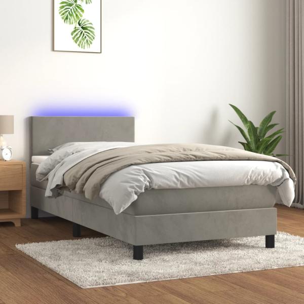 vidaXL Boxspringbett mit Matratze & LED Hellgrau 90x190 cm Samt 3134255