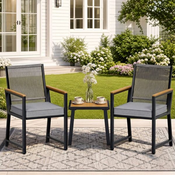 TLGREEN Gartenlounge-Set 3-teiliges Gartenmöbel-Set aus Eisen und Rattan – 2 Stühle + 1 Tisch, (3-tlg, 2 Gartenstuhl,1 Gartentisch, mit Kissen), für Terrasse, Garten und Veranda