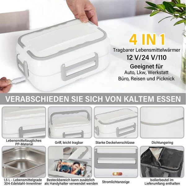 MOPUEA Elektrische Lunchbox 4 in 1 für Zuhause und Auto, 1,2 L, schnelles Erhitzen von Speisen, (4-in-1 elektrische Lunchbox für Auto, Büro, LKW, vielseitig einsetzbar, 1.5L, 75-W-Heizsystem, schnelles Erhitzen, leise, zirkulierende Wärme), Auslaufsich...