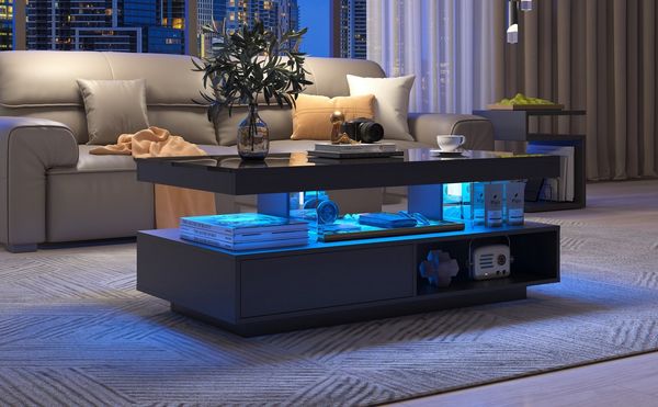 REDOM Couchtisch Kaffeetisch Beistelltisch Sofatisch Wohnzimmertisch (Beistelltisch mit 2 Schubladen, 1-St, mit LED-Beleuchtung und hochglänzender Tischplatte), Wohnzimmertisch mit Glastrennwände