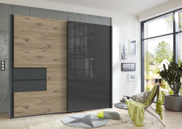 Schwebetürenschrank Kleiderschrank Passepartout 262cm Schubl. Grau Eichef. Glastür Bild 3