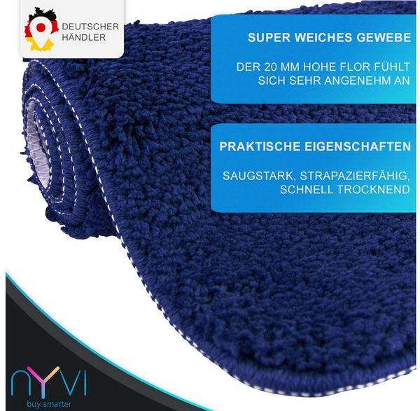 NYVI Badematte WC Vorleger ohne Ausschnitt NYVISpa Lasalle Navy Toiletten Teppich, Höhe 20 mm, Polyester, Rutschfest, Saugstark, Schnell Trocknend, Fußbodenheizung geeignet