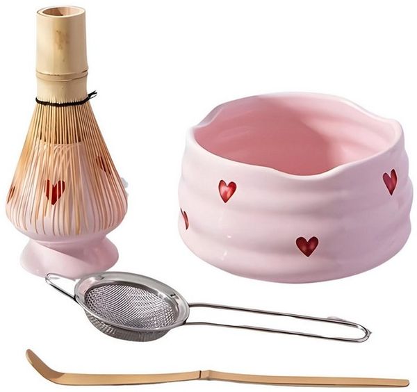 Norvéa Home Teeservice Matcha Set Rosa Herzdekor – 6-tlg. Matcha-Zubehör aus Keramik, 6 tlg. Set für traditionelle Matcha-Zubereitung