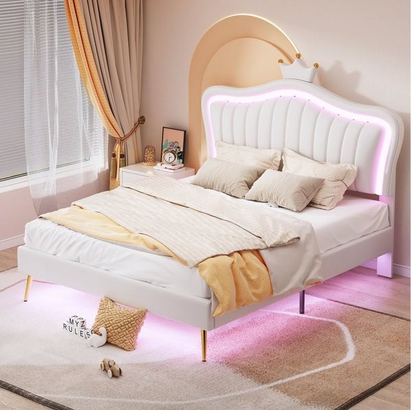 REDOM Polsterbett Bett Kinderbett Polsterbet Gästebett (Bettgestell für Mädchen, weißes Kronen-Doppelbettgestell aus Leder, mit LED-Leuchten, Lattenrost und Rückenlehne 140 x 200 cm), Ohne Matratze