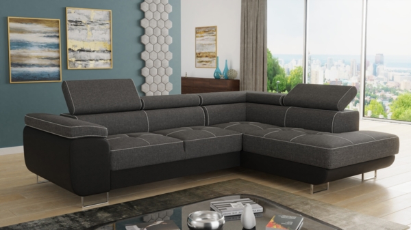 Ecksofa Caris mit Schlaffunktion, Bettkasten und einstellbare Kopfstützen (Schwarz + Dunkelgrau (Soft 011 + Sawana 05), Ecksofa Rechts)