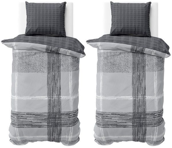 Visaggio Bettwäsche 100% Baumwolle Bettbezug Set in 6 Größen, Renforcé, 4 teilig, moderne Wendebettwäsche grau gestreift mit Reißverschluss