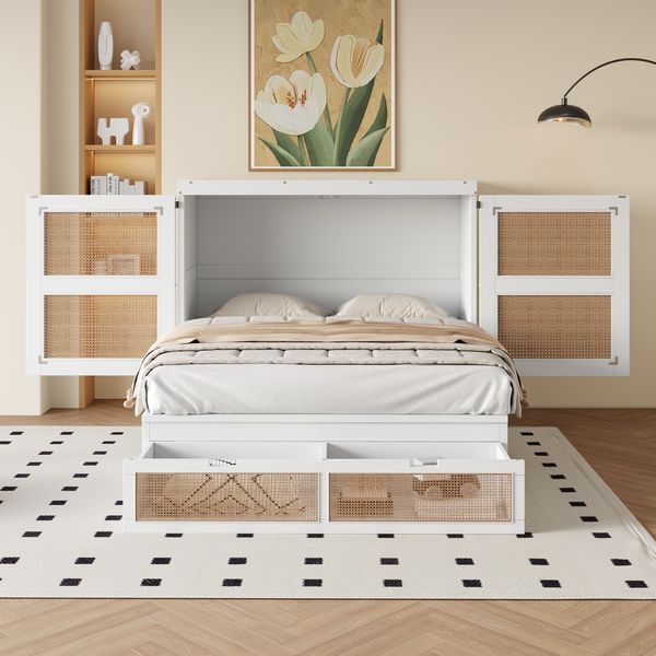Novelux Schrankbett 140x200 cm Wandklappbett mit Lattenrost & Stauraumschubladen – Kiefernholz Weiß, Rattan-Design, Platzsparendes vertikales Murphy Bett