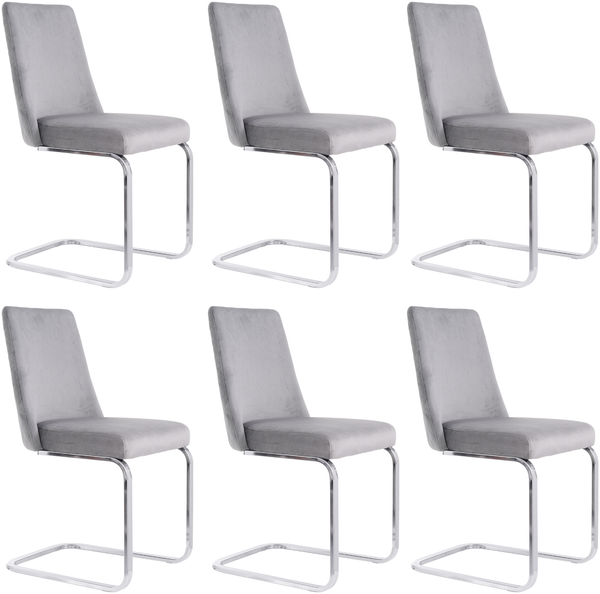 Merax Samt-Esszimmerstuhl, 6er-Set, Wohnzimmer, Schlafzimmer, Lounge-Sessel, Diamant-Rücken-Design, mit silbernen Metall-Stützbeinen, Grau+Silber