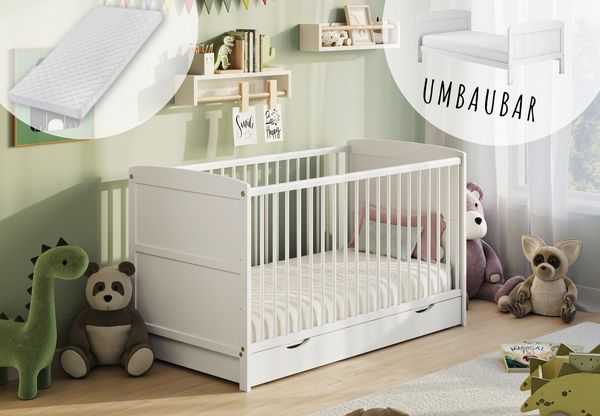 Kids Collective Babybett Kinderbett 60x120/70x140 cm umbaubar zu höhenverstellbares Lattenrost, 60x120 cm Weiß mit Matratze und Schublade von Geburt bis 3. Lebensjahr