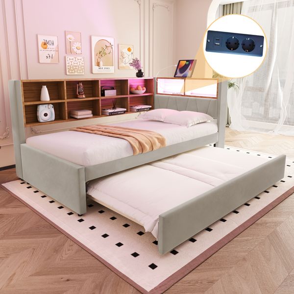 Ausziehbett 90×200/90×190 cm mit LED, Stauraumfächern und Ladeanschlüssen, Hellgrau, ohne Matratze