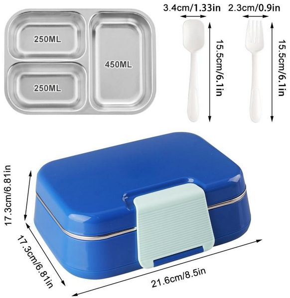 FOUORTUNATE-BEE Lunchbox Edelstahl Lunchbox mit 3 Fächern, isoliert, für Schule & Reisen