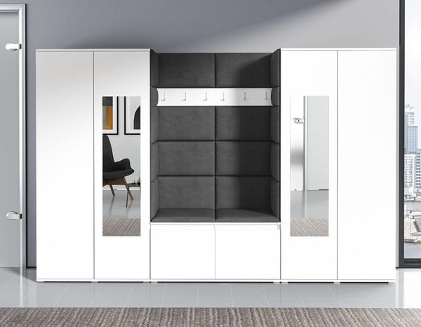 Garderoben-Set Olsen mit 2 Kleiderschränken mit Spiegel, Polsterplatten und Schuhregal, Ideal für Flur und Eingangsbereich (Weiß, Trinity 15), 185 x 40 x 280 cm