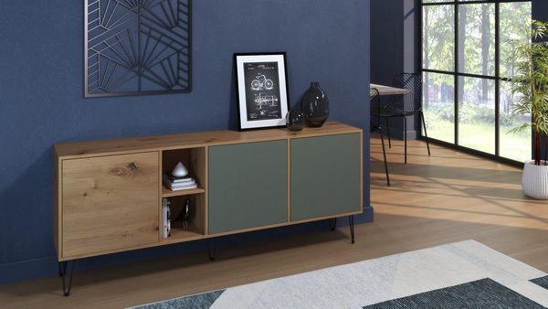 Vladon Sideboard Havana (TV-Schrank mit 3 Türen und 2 offene Fächer, Kommode Made in Germany), Eiche Evoke / Fjord Grün (181,5 x 73 x 35 cm)