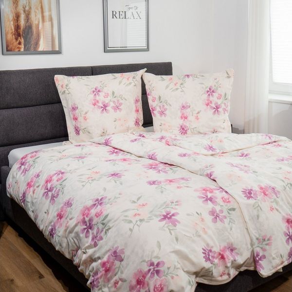 DOBNIG Bettwäsche Flanell, Flanell, 2 teilig, rosa Blümchen, weißer Hintergrund