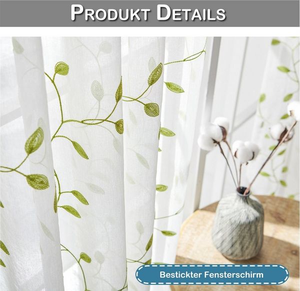 Qelus Vorhang Weiße Voile Gardinen mit grüner Blattstickerei, Lichtdurchlässig, 2st, Transparent, Kräuselband, für Schlafzimmer & Balkon