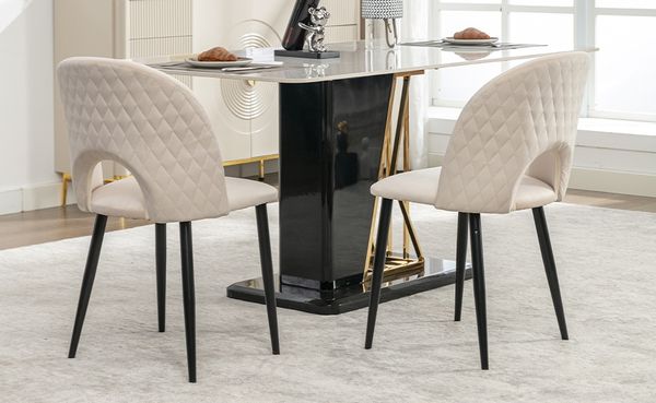 Esszimmerstuhl (2er Set) 47x44x84 cm beige, Diamantmuster, Samt, verstellbare Füße