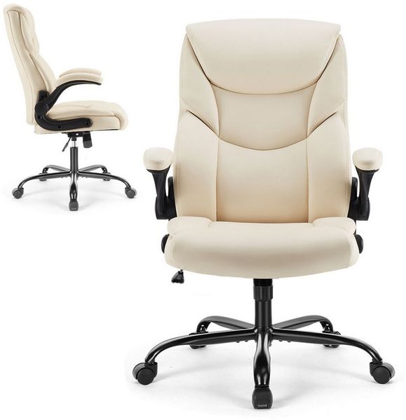 IDEASY Bürostuhl Chefsessel mit hoher Rückenlehne & Armlehnen für maximalen Komfort (Höhenverstellbar 10cm, klappbare Armlehnen, weiche Sitzfläche 55,49 cm), Ergonomischer Bürostuhl aus Leder mit 360°-Drehung,Belastbar bis 124kg