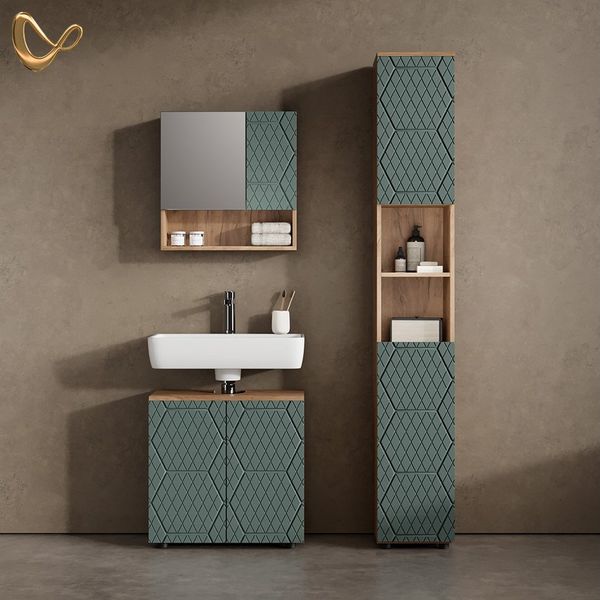 Livinity® Badmöbel-Set Ronco, Grün/Goldkraft Eiche/Goldkraft Eiche, 3 Teile, mit Hochschrank, (3-St)
