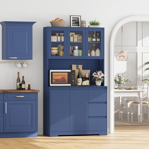 Homfa Küchenbuffet Küchenschrank Buffetschrank mit LED Sideboard blau mit Steckdosenleiste & Arbeitsplatte 180x100x38,5cm