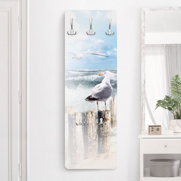 Bilderdepot24 Garderobenpaneel blau Natur Strand Meer Tiere No. YK3 Absolut Sylt Design (ausgefallenes Flur Wandpaneel mit Garderobenhaken Kleiderhaken hängend), moderne Wandgarderobe - Flurgarderobe im schmalen Hakenpaneel Design