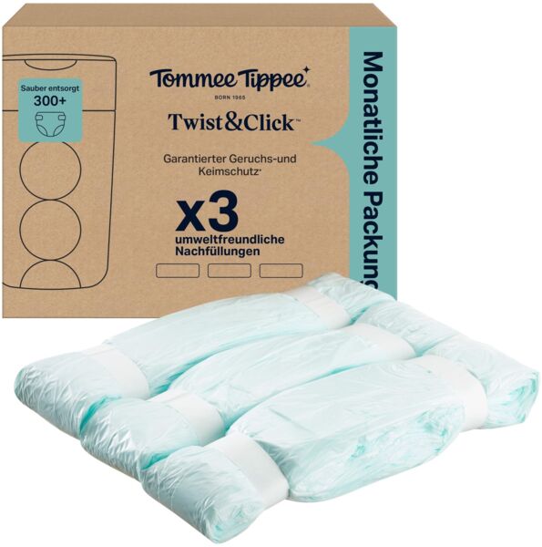 Tommee Tippee Twist & Click Windeleimer-Nachfüllungen, Packung mit 3, jeweils 10,5m, Mehrlagig, Antibakterielle* Folie, Zum Twist & Click Windeleimerkassette, 3 X 10,5 m (Packung kann variieren)