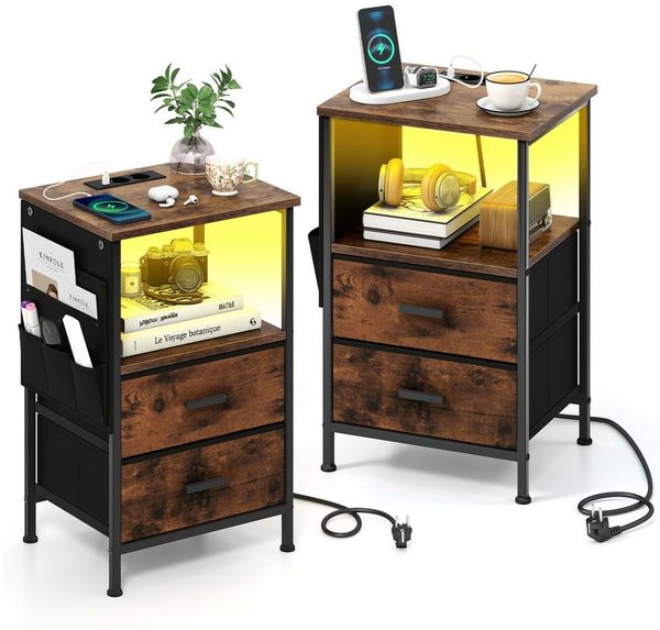 COSTWAY Nachttisch (2-St), mit LED, Ladestation, USB-Anschlüsse&Schubladen